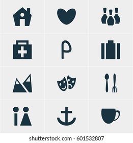 Vector Illustration Of 12 Check-In Icons. Editable Pack Of Drugstore, Landscape, Coffee Shop Elements.