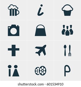 Vector Illustration Of 12 Check-In Icons. Editable Pack Of Car Park, Handbag, Beer Mug Elements.