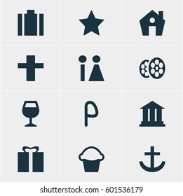 Vector Illustration Of 12 Check-In Icons. Editable Pack Of Film, Cake, Cross And Other Elements.