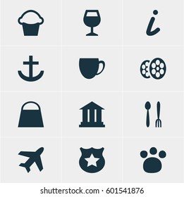 Vector Illustration Of 12 Check-In Icons. Editable Pack Of Cafe, Wineglass, University And Other Elements.