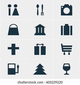Vector Illustration Of 12 Check-In Icons. Editable Pack Of Shopping Cart, Wineglass, Toilet And Other Elements.