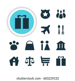 Vector Illustration Of 12 Check-In Icons. Editable Pack Of Present, Pet Shop, Handbag Elements.