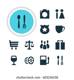 Vector Illustration Of 12 Check-In Icons. Editable Pack Of Toilet, Cafe, Refueling And Other Elements.