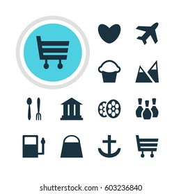 Vector Illustration Of 12 Check-In Icons. Editable Pack Of Skittles, University, Cake And Other Elements.