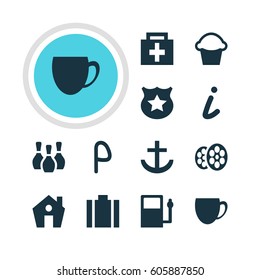 Vector Illustration Of 12 Check-In Icons. Editable Pack Of Cake, Anchor, Film And Other Elements.