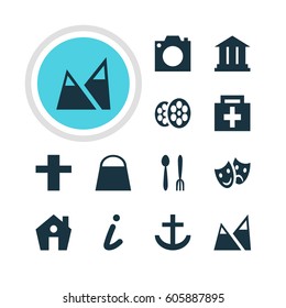 Vector Illustration Of 12 Check-In Icons. Editable Pack Of Film, University, Cross And Other Elements.