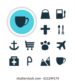 Vector Illustration Of 12 Check-In Icons. Editable Pack Of Refueling, Cafe, Car Park And Other Elements.