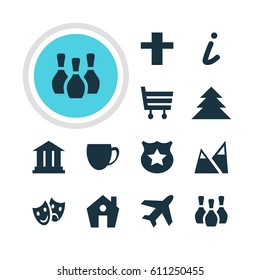 Vector Illustration Of 12 Check-In Icons. Editable Pack Of Coffee Shop, Aircraft, Map Information And Other Elements.