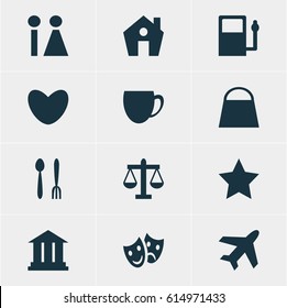 Vector Illustration Of 12 Check-In Icons. Editable Pack Of Heart, Coffee Shop, Scales And Other Elements.