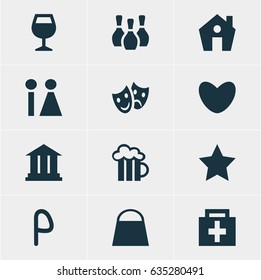Vector Illustration Of 12 Check-In Icons. Editable Pack Of Drugstore, Home, Wineglass And Other Elements.