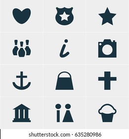 Vector Illustration Of 12 Check-In Icons. Editable Pack Of Anchor, Cake, Skittles And Other Elements.