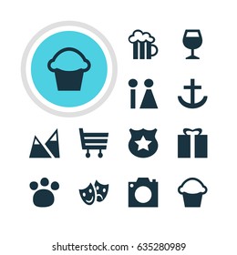 Vector Illustration Of 12 Check-In Icons. Editable Pack Of Beer Mug, Photo Device, Anchor And Other Elements.