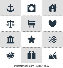 Vector Illustration Of 12 Check-In Icons. Editable Pack Of Anchor, Photo Device, Present And Other Elements.