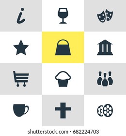 Vector Illustration Of 12 Check-In Icons. Editable Pack Of Handbag, Film , Shopping Cart Elements.