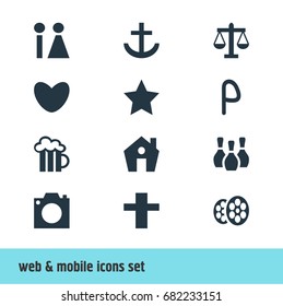 Vector Illustration Of 12 Check-In Icons. Editable Pack Of bowling, Bookmark, Film And Other Elements.