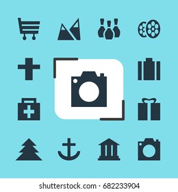 Vector Illustration Of 12 Check-In Icons. Editable Pack Of Anchor, Jungle, Film And Other Elements.