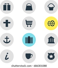Vector Illustration Of 12 Check-In Icons. Editable Pack Of Present, Cop, Shopping Cart And Other Elements.
