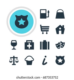 Vector Illustration Of 12 Check-In Icons. Editable Pack Of Scales, Briefcase, Shopping Cart And Other Elements.