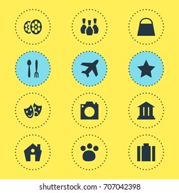 Vector Illustration Of 12 Check-In Icons. Editable Pack Of Photo Device, Skittles, Handbag Elements.