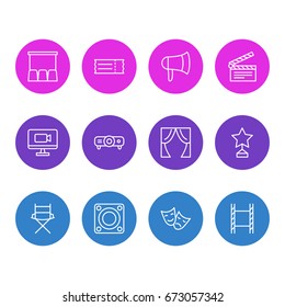 Vector Illustration Of 12 Cinema Icons. Editable Pack Of Clapper, Tragedy, Reward And Other Elements.