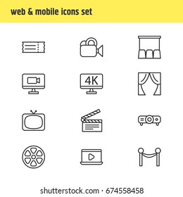 Vector Illustration Of 12 Cinema Icons. Editable Pack Of Tv, Clapper, Coupon And Other Elements.