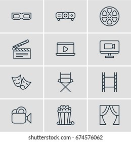 Vector Illustration Of 12 Cinema Icons. Editable Pack Of Television, Clapper, Snack And Other Elements.