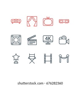 Vector Illustration Of 12 Cinema Icons. Editable Pack Of Camera, Tv, Slideshow And Other Elements.