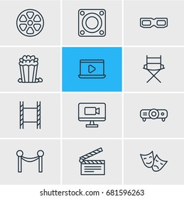 Vector Illustration Of 12 Cinema Icons. Editable Pack Of Monitor, Snack, Tragedy And Other Elements.