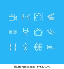 Vector Illustration Of 12 Cinema Icons. Editable Pack Of Tv, Filmstrip, Movie Reel And Other Elements.