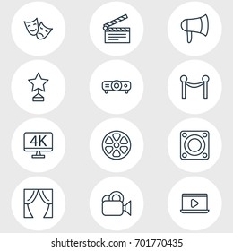 Vector Illustration Of 12 Cinema Icons. Editable Pack Of Cinema Fence, Slideshow, Camera And Other Elements.
