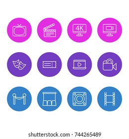 Vector Illustration Of 12 Cinema Icons. Editable Pack Of Monitor, Clapper, Tragedy And Other Elements.