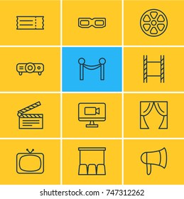 Vector Illustration Of 12 Cinema Icons. Editable Pack Of Slideshow, Movie Reel, Clapper And Other Elements.