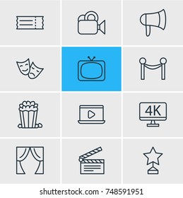 Vector Illustration Of 12 Cinema Icons. Editable Pack Of Tragedy, Monitor, Coupon And Other Elements.