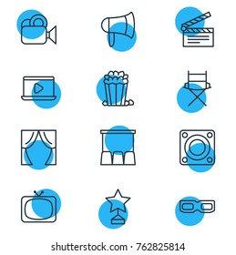 Vector Illustration Of 12 Cinema Outline Icons. Editable Set Of Camera, Reward, Loudspeaker And Other Elements.