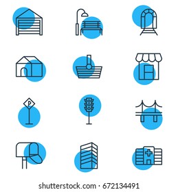 Vector Illustration Of 12 City Icons. Editable Pack Of Semaphore, Mail Box, Clinic And Other Elements.