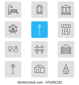 Vector Illustration Of 12 City Icons. Editable Pack Of Ferris Wheel, Building, Subway And Other Elements.