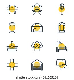 Vector Illustration Of 12 City Icons. Editable Pack Of Semaphore, Mail Box, Forest And Other Elements.