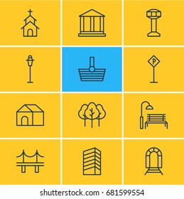 Vector Illustration Of 12 City Icons. Editable Pack Of Home, Road Sign, Forest And Other Elements.