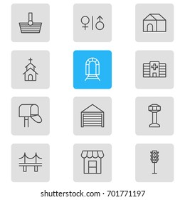 Vector Illustration Of 12 City Icons. Editable Pack Of Parking, Home, Awning And Other Elements.