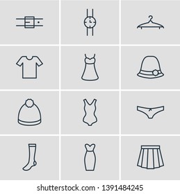 Vector illustration of 12 clothes icons line style. Editable set of evening dress, belt, sarafan and other icon elements.