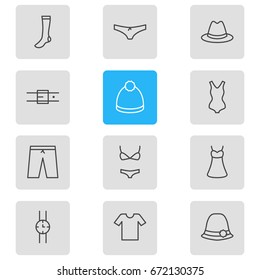 Vector Illustration Of 12 Clothes Icons. Editable Pack Of Swimsuit, Hand Clock, Swimwear Elements.