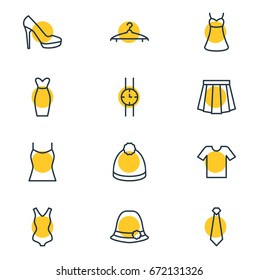 Vector Illustration Of 12 Clothes Icons. Editable Pack Of Pompom, Evening Dress, Sarafan And Other Elements.
