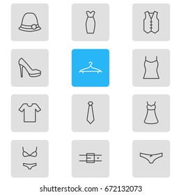 Vector Illustration Of 12 Clothes Icons. Editable Pack Of Panties, Swimsuit, Singlet And Other Elements.