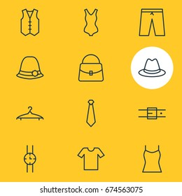 Vector Illustration Of 12 Clothes Icons. Editable Pack Of Swimming Trunks, Fedora, Casual And Other Elements.