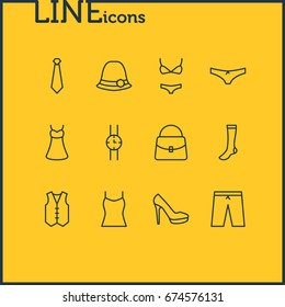 Vector Illustration Of 12 Clothes Icons. Editable Pack Of Cravat, Evening Dress, Singlet And Other Elements.