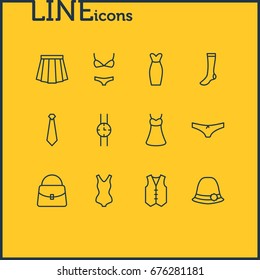 Vector Illustration Of 12 Clothes Icons. Editable Pack Of Handbag, Swimsuit, Swimwear Elements.
