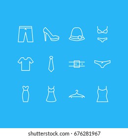 Vector Illustration Of 12 Clothes Icons. Editable Pack Of Sarafan, Singlet, Swimming Trunks And Other Elements.