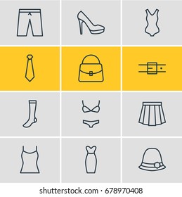 Vector Illustration Of 12 Clothes Icons. Editable Pack Of Strap, Handbag, Swimsuit Elements.