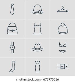 Vector Illustration Of 12 Clothes Icons. Editable Pack Of Handbag, Cloakroom, Fedora Elements.