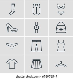 Vector Illustration Of 12 Clothes Icons. Editable Pack Of Handbag, Cloakroom, Sandal Elements.